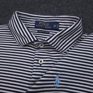 Polo Ralph‎ Lauren Mens Medium Blue White Striped Pima Soft Touch Polo Shirt